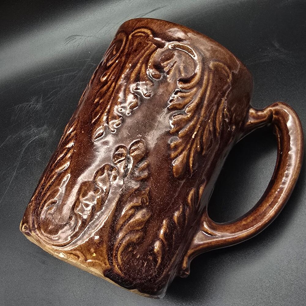 Antique Bennington Rockingham Glaze Mug Pottery Scallop Leaves Brown
